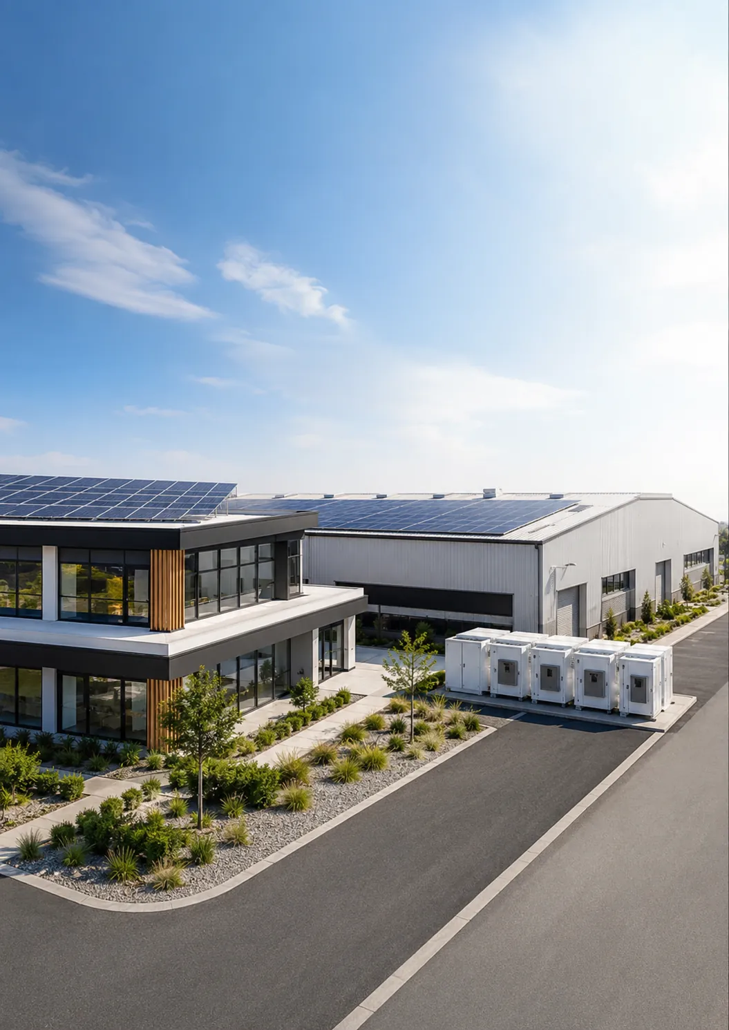 Commercial campus with rooftop solar and battery storage